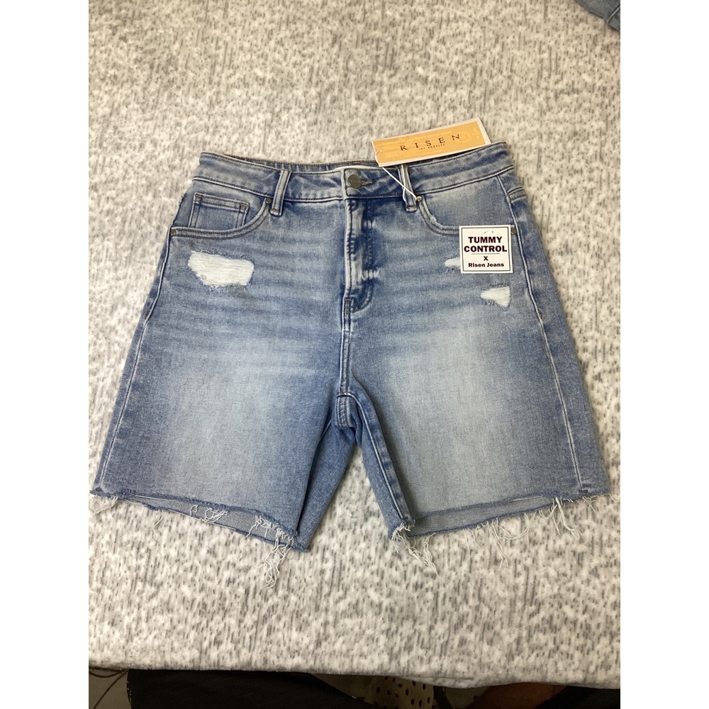Risen Jeans Loose Midi High Rise Tummy Control Distressed Denim Shorts Light S